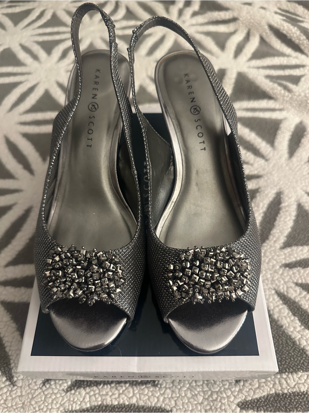 Karen Scott Metallic Gunmetal Slingback Peep-Toe Heels with Bead Embellishment